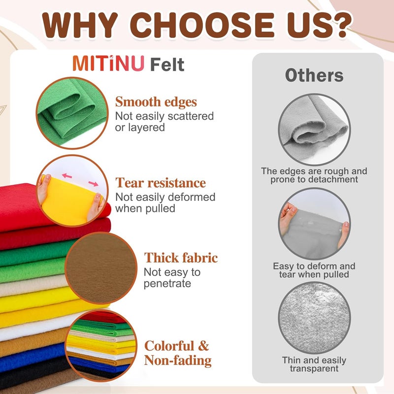 MITINU 12 Rolls 8"x35"(20.5x90cm) 1.4mm Thick Soft Felt Fabric Sheet 12 Assorted Colors Felt Pack for DIY Craft Sewing Squares Nonwoven Patchwork - Image 4